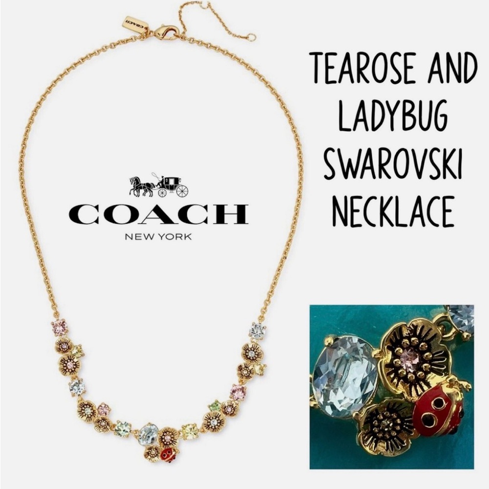 COACH Tearose & Ladybug Swarovski Floral Necklace - Gold with Multicolor Stones